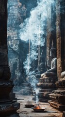 Stone statues and carvings fill the Buddha stupa, with incense smoke drifting above