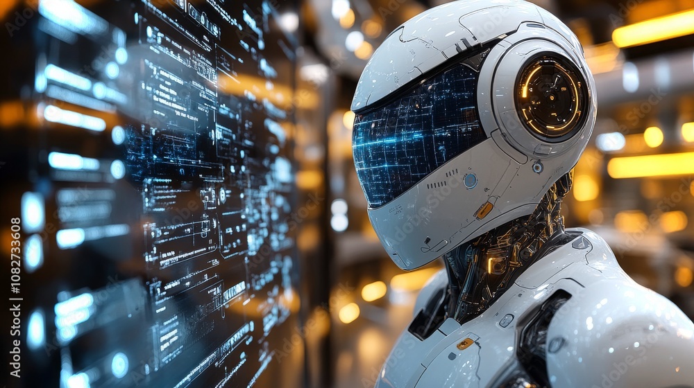 Poster an android interacts with a smart mirror in a futuristic setting showcasing advanced technology