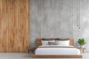 Modern Minimalist Bedroom Featuring Concrete Walls and Wooden Accents for a Sleek, Serene Home Environment