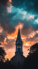 Fototapeta premium Steeple of a charming chapel rises into a colorful sky with dark clouds and glowing sunset hues