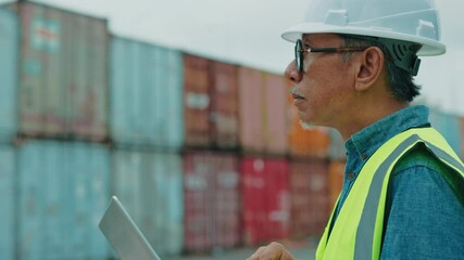 Senior Worker Inspecting Data on a Tablet Near Shipping Containers in a Busy Port on a Clear Day - Powered by Adobe