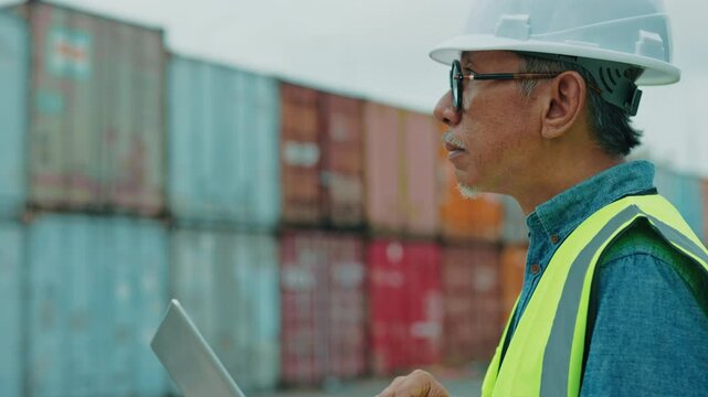 Senior Worker Inspecting Data on a Tablet Near Shipping Containers in a Busy Port on a Clear Day