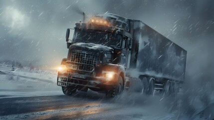 Safe Winter Trucking: Heavy-Duty Truck Navigating Snow-Covered Roads in Harsh Winter Weather - Generative AI