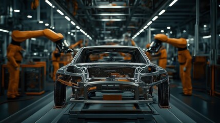 Fototapeta premium Automobile manufacturing facility with robotic arms assembling a car body frame in a modern, automated production line environment.