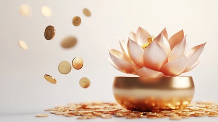 Golden Lotus in a Gold Pot with Flying Coins for Chinese New Year Celebration, AI generated illustration