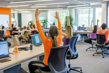 Employees in a vibrant, open office, following along to a guided stretching session to reduce stress and improve flexibility.