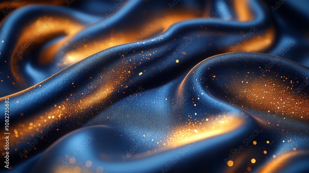 Poster the luxurious blue fabric flows gracefully, adorned with shimmering golden highlights that catch the