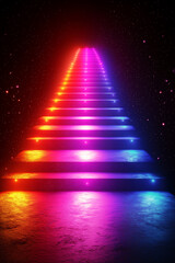 Christmas Rainbow Neon Staircase, in a dark background, illuminated by a vibrant gradient of neon lights from purple to blue, red, orange, and yellow. with a magical and ethereal feel