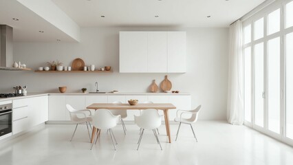 Serene and Minimalist Open-Concept Kitchen with Sleek White Cabinetry
