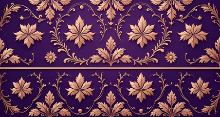Fototapeta premium A seamless pattern featuring Victorian ornamental borders with intricate acanthus leaf and floral motifs, in shades of deep purple and gold 