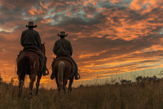 A poignant goodbye between two cowboys under a vibrant sunset sky