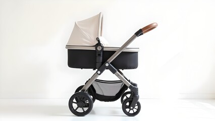 Modern baby stroller with beige canopy. Minimalist baby stroller with a beige canopy, black base, and sturdy metal frame on wheels, isolated on white background