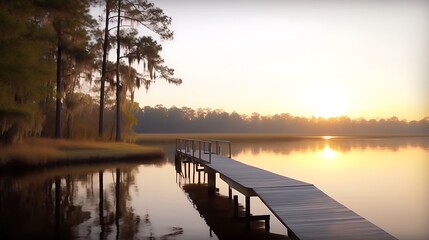 Obraz premium Wooden Dock Extending into a Calm Lake at Sunset
