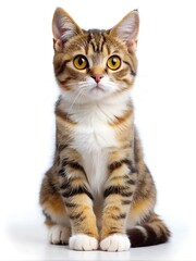 Obraz premium Cute Tabby Cat with Bright Yellow Eyes. A close-up portrait of a tabby cat with striking yellow eyes, fluffy fur, and white paws, sitting against a white background