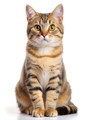 Obraz premium Adorable Tabby Cat with Striking Eyes. Close-up portrait of a beautiful tabby cat with vivid yellow eyes, sitting calmly against a white background