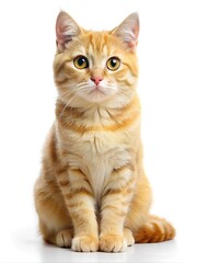 Cute Ginger Tabby Cat Sitting.  Close-up of a young ginger tabby cat sitting and looking forward with alert expression, against a plain white background

