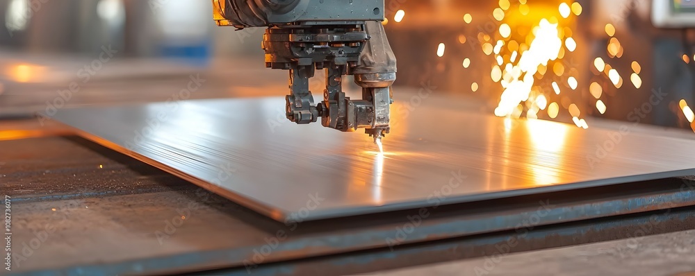 Poster close-up of robotic arm assembling steel sheets in industrial factory setting - intense sparks gritt