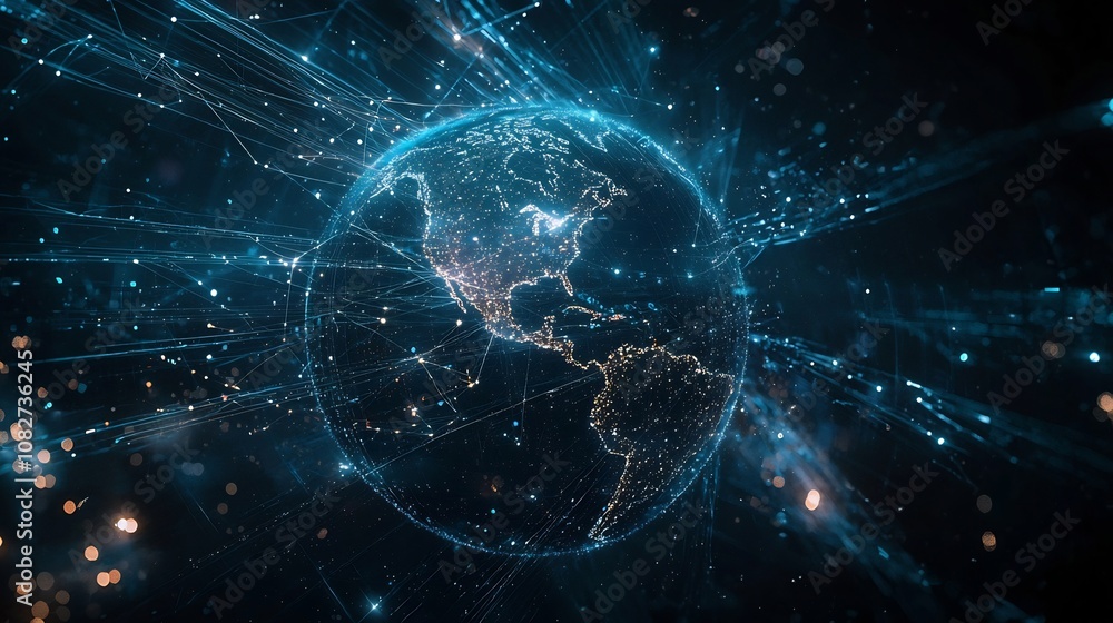 Poster glowing globe surrounded by satellites and data streams symbolizing global communication technology