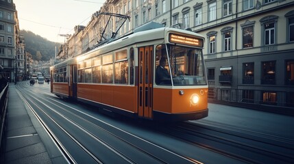 Vintage orange tram traveling through a European-style urban street with ornate buildings at sunset, highlighting public transportation in a historical city setting.