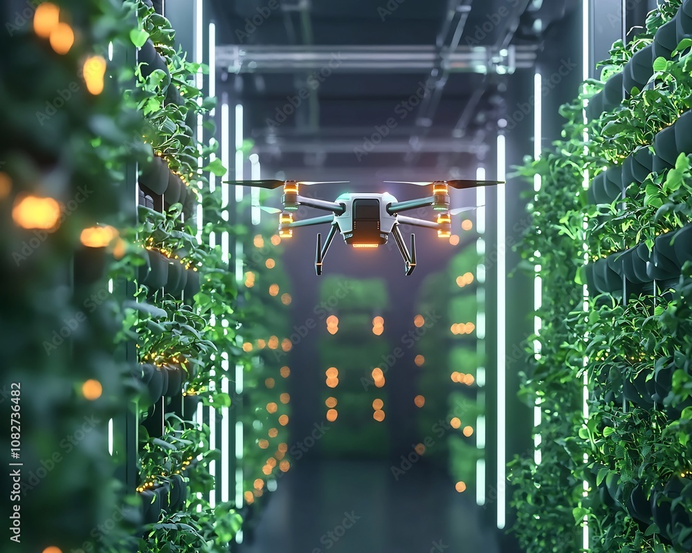 Poster futuristic automated vertical farm with glowing crops and monitoring drones technology concept