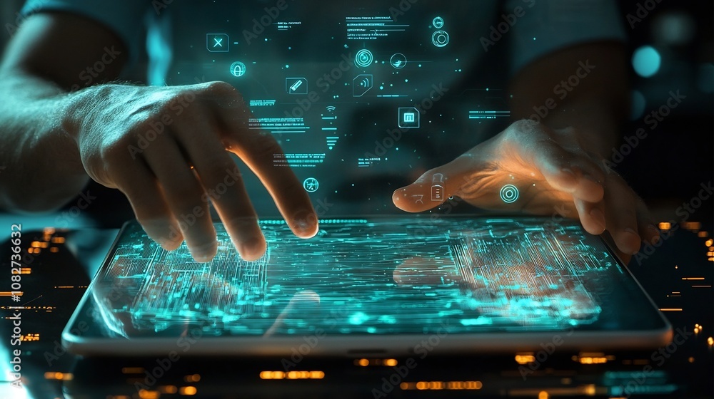 Poster transparent tablet with glowing holographic buttons and floating notifications technology concept