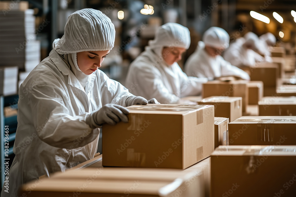 Poster Workers efficiently pack cardboard boxes in a bustling food processing facility