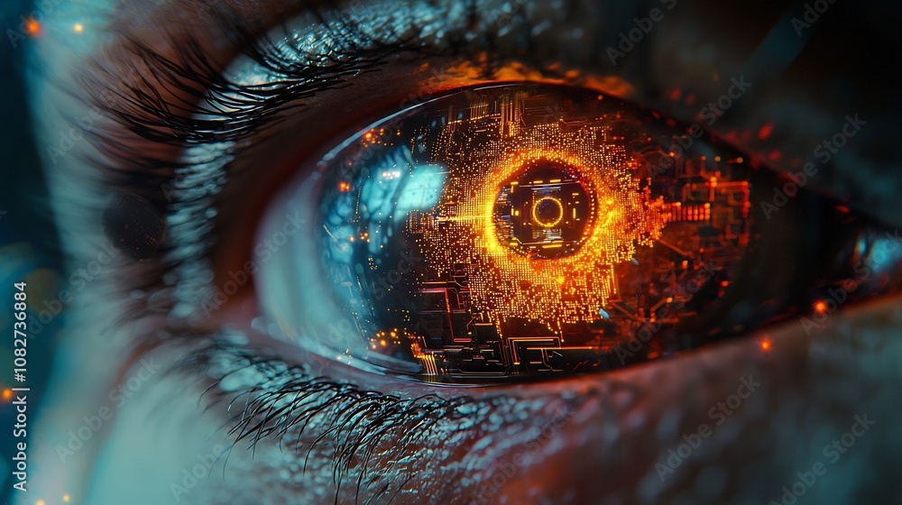Poster bionic eye with glowing augmented reality and futuristic circuits