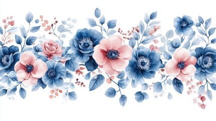 Watercolor floral border with blue and pink flowers and eucalyptus leaves on a white background.
