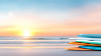 Fototapeta premium Many surfboards aligned on the beach with sunset in background