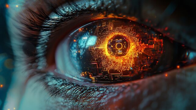 Bionic Eye with Glowing Augmented Reality and Futuristic Circuits