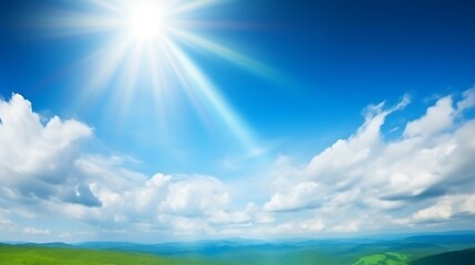 Obraz premium Sunny Day Over Rolling Green Hills and White Clouds