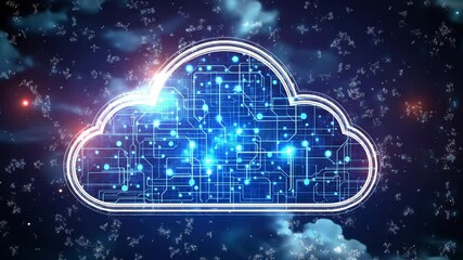 A white cloud with a blue circuit board inside on a dark blue background with white and red stars - Powered by Adobe