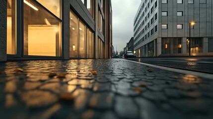 Urban street view with modern buildings and wet cobblestone pavement on a rainy day, illuminated softly by warm lights from windows and street lamps.