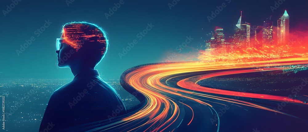 Poster futuristic concept of a person in profile surrounded by neon lights and a vibrant cityscape with dyn