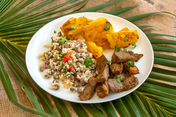Traditional rustic tropical Brazilian dish, sun-dried beef with green beans, cassava, biquinho pepper. Creative rustic photography