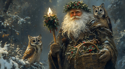 Santa Claus in enchanted forest with owls and holly wreath