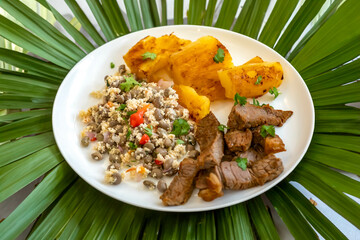 Traditional rustic tropical Brazilian dish, sun-dried beef with green beans, cassava, biquinho pepper. Creative rustic photography