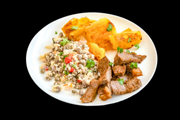 Traditional rustic tropical Brazilian dish, sun-dried beef with green beans, cassava, biquinho pepper. Creative rustic photography