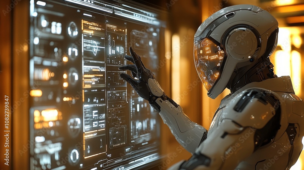 Aufkleber an android engaging with a holographic interface in a futuristic digital environment