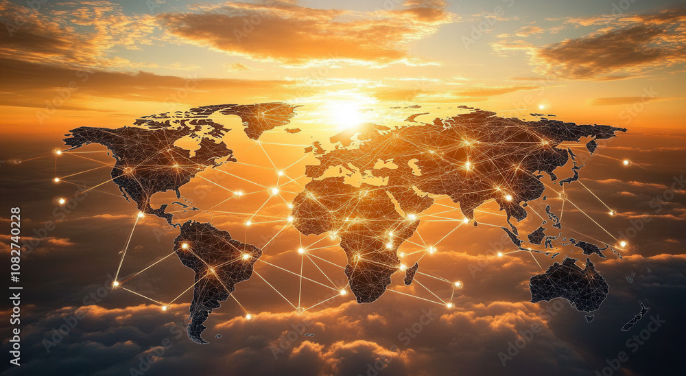 Poster a global map with interconnected nodes representing different cities, illustrating the concept of di