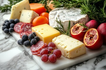 A variety of cheeses on a marble surface, emphasizing different textures and types