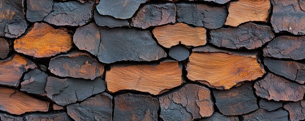 Obraz premium A textured wall made of irregular stones in earthy tones, showcasing a blend of dark surfaces and warm highlights that creates a natural, rustic appearance.