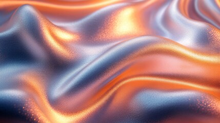 A richly colored silk fabric flows gracefully in waves, showcasing blends of orange and blue hues. The smooth texture catches the light beautifully, enhancing the vibrant colors.