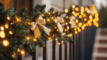 Golden Bow and Fairy Lights on Green Garland