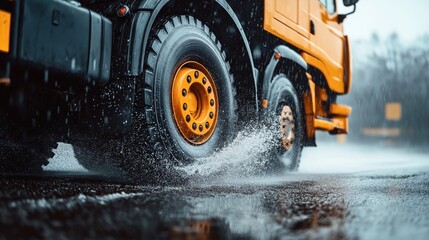 Close-up of a large orange truck driving on a wet road, with water splashing around its tires during rainfall, capturing motion and wet weather conditions.