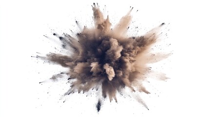 Black and Brown Powder Explosion Isolated on White Background. Abstract Burst of Dust Particles for Creative Design