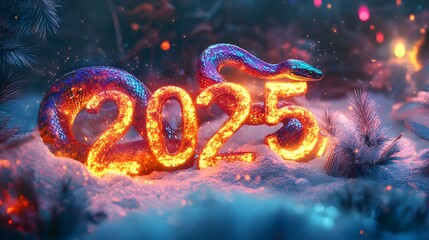 A vibrant snake entwined with glowing numbers representing the year 2025 in a winter scene.