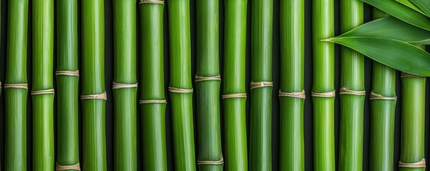 A close-up view of vibrant green bamboo stalks, arranged vertically, showcasing their natural...