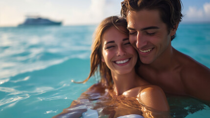 Obraz premium Couple swimming in ocean with luxury boat in the background.