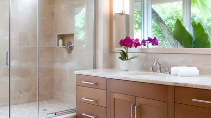 Modern Upgraded Bathroom with Built-In Cabinets and Marble Countertops - Elegant Space Featuring Frameless Mirror and Cozy Ambiance with Glass Shower and Natural Wood Elements